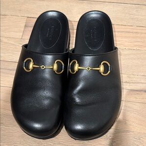 Gucci Black Mules with Gold Horsebit Detail
